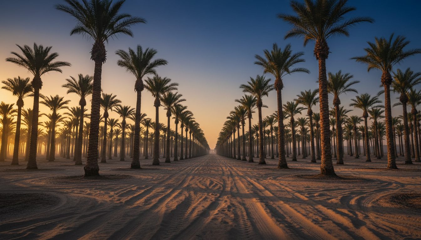 Dattelpalmen-Plantage in Saudi-Arabien bei Sonnenuntergang